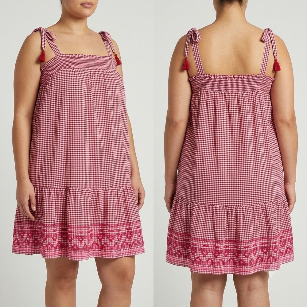 Old Navy Dress XXL Red Gingham Smocked Tie Strap Embroidered Farmhouse Picnic